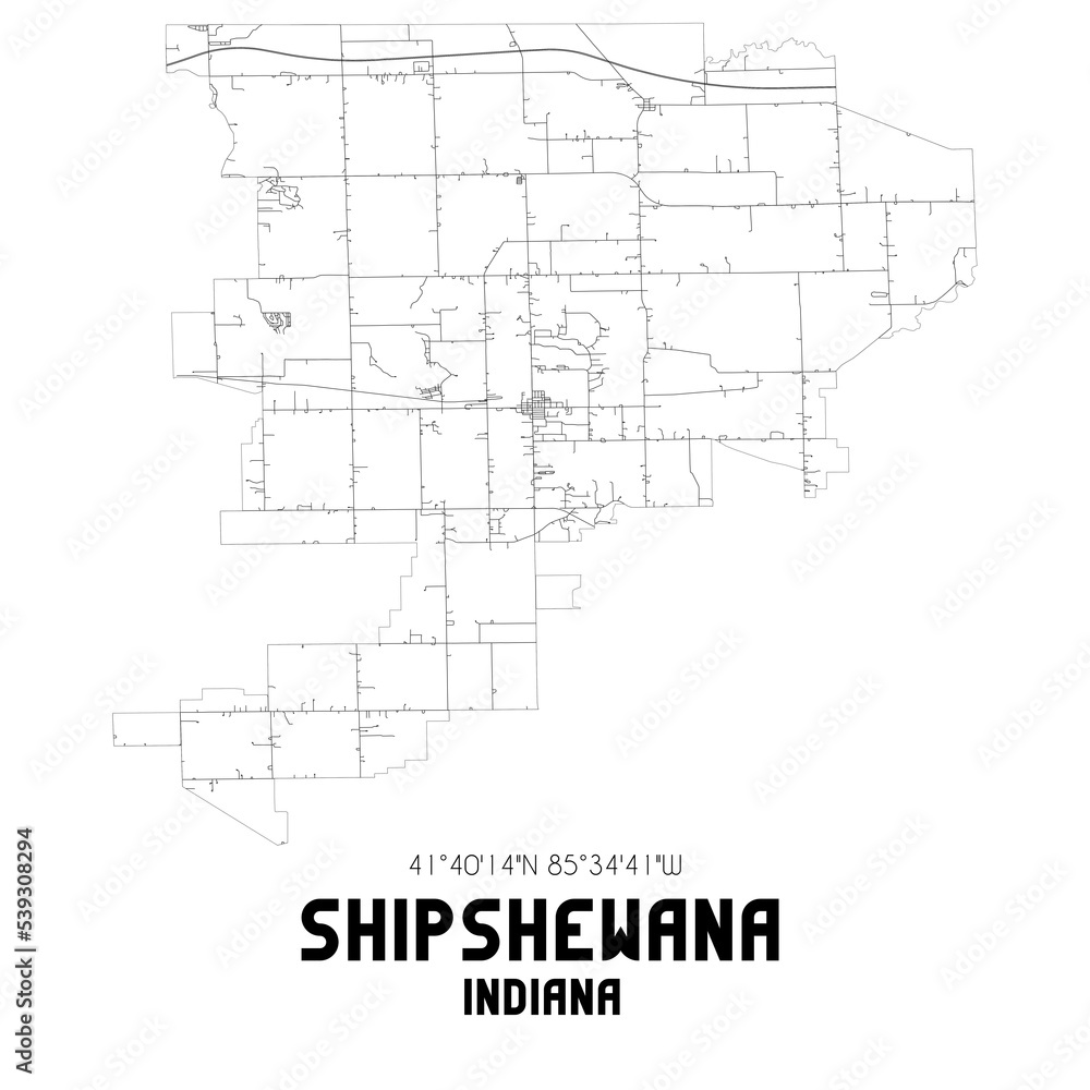 Shipshewana Indiana. US street map with black and white lines.