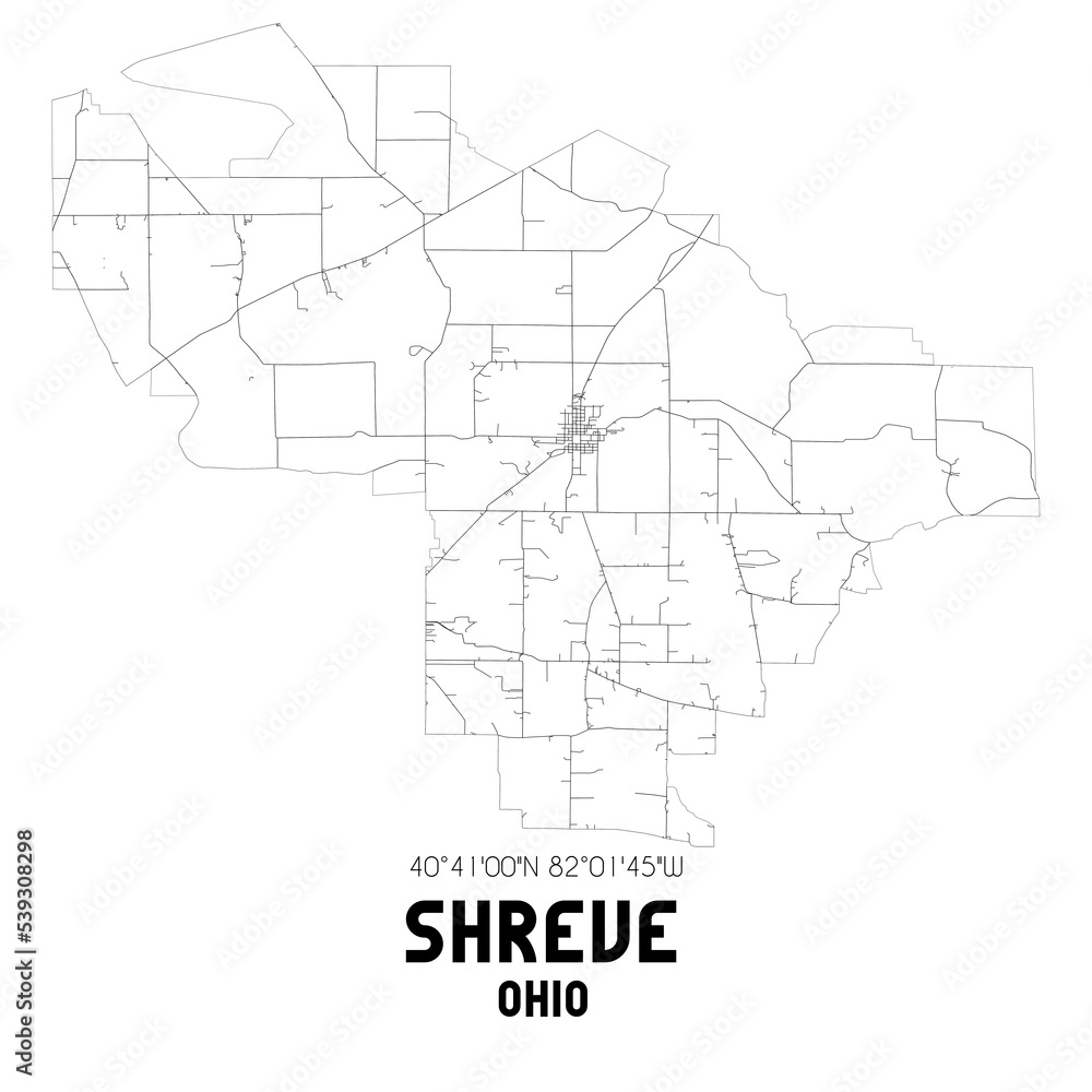 Shreve Ohio. US street map with black and white lines.