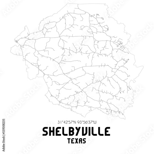Shelbyville Texas. US street map with black and white lines.