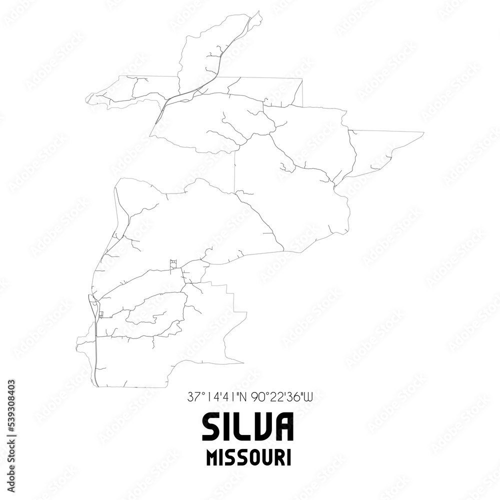 Silva Missouri. US street map with black and white lines.