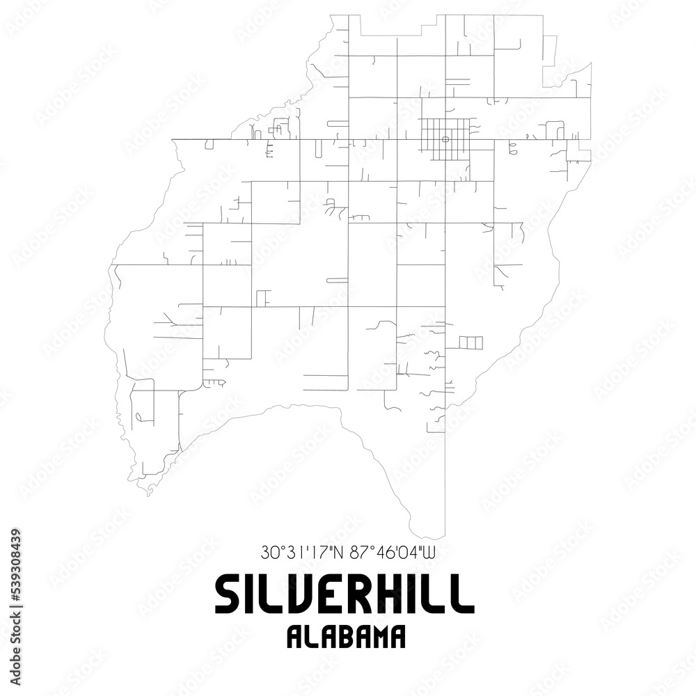 Silverhill Alabama. US street map with black and white lines.