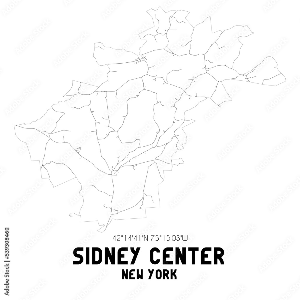 Sidney Center New York. US street map with black and white lines.