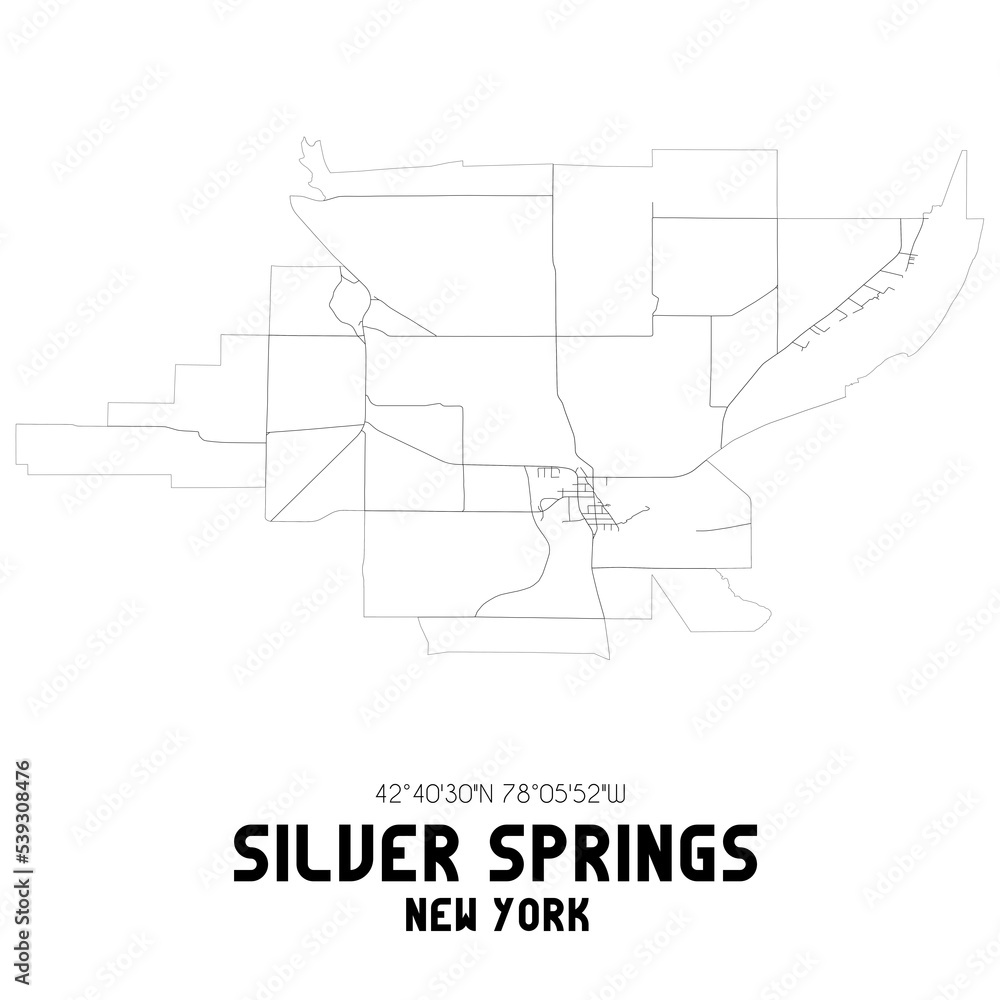 Silver Springs New York. US street map with black and white lines