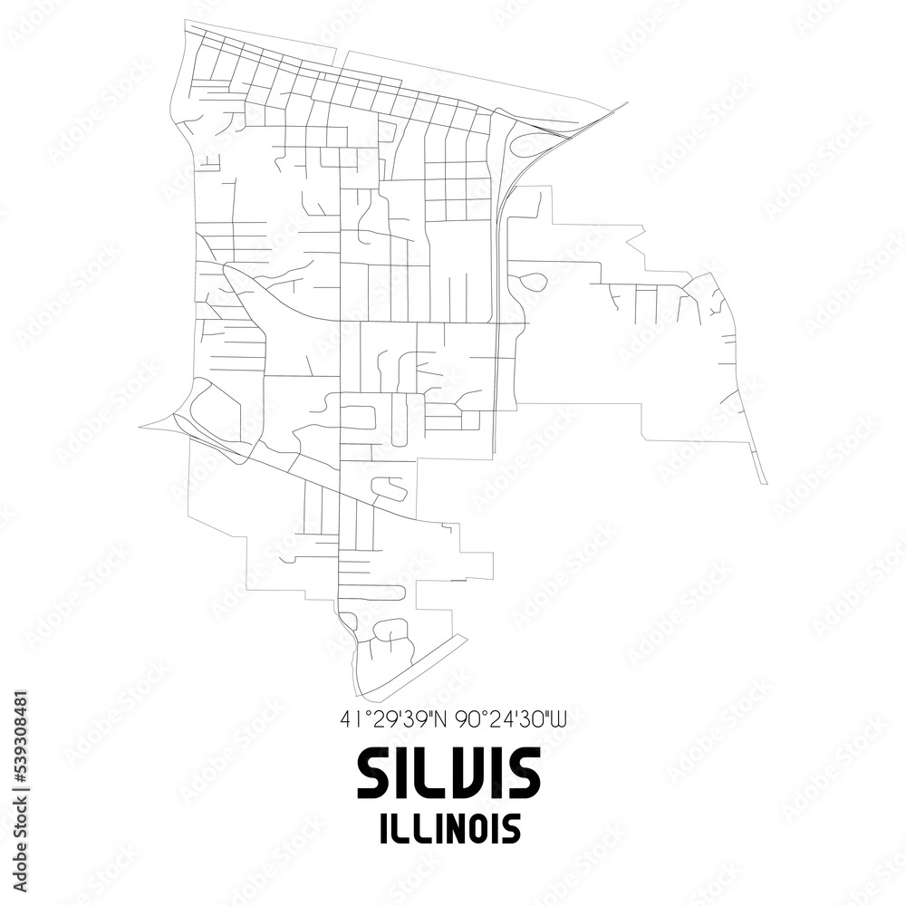 Silvis Illinois. US street map with black and white lines.