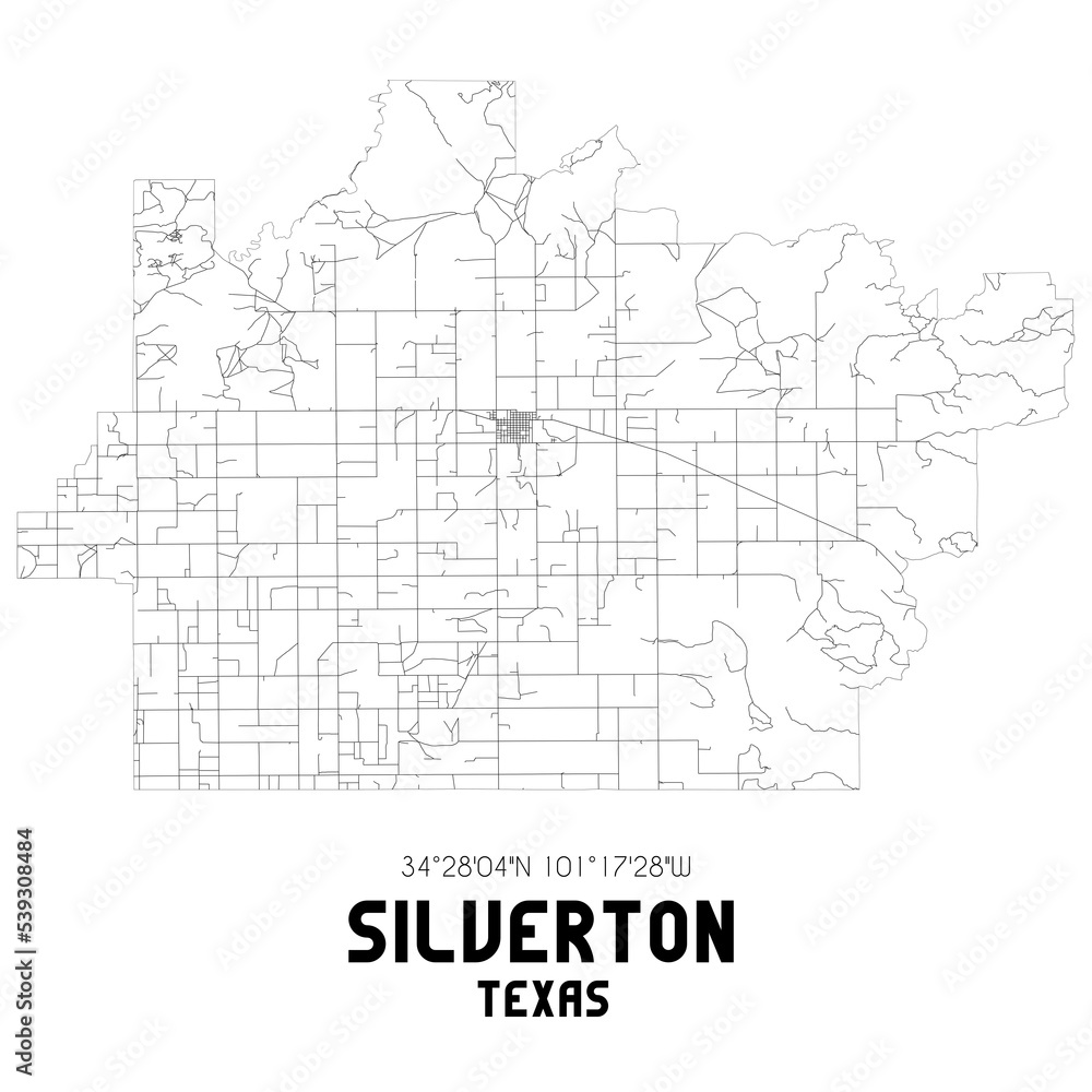 Silverton Texas. US street map with black and white lines.