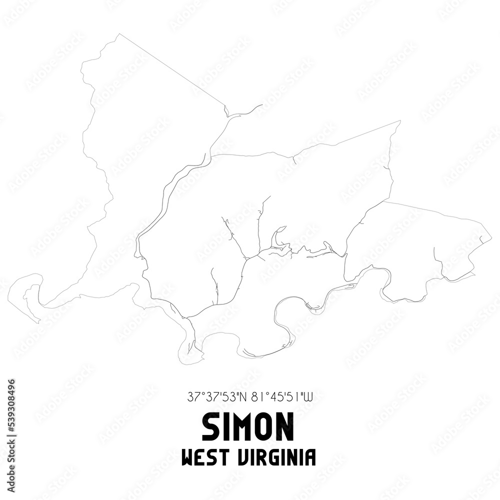 Simon West Virginia. US street map with black and white lines.