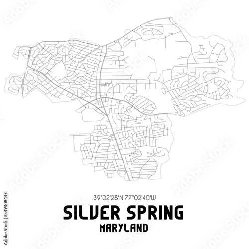 Silver Spring Maryland. US street map with black and white lines.