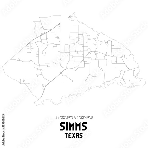 Simms Texas. US street map with black and white lines.