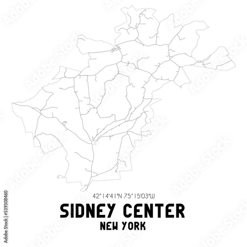 Sidney Center New York. US street map with black and white lines.