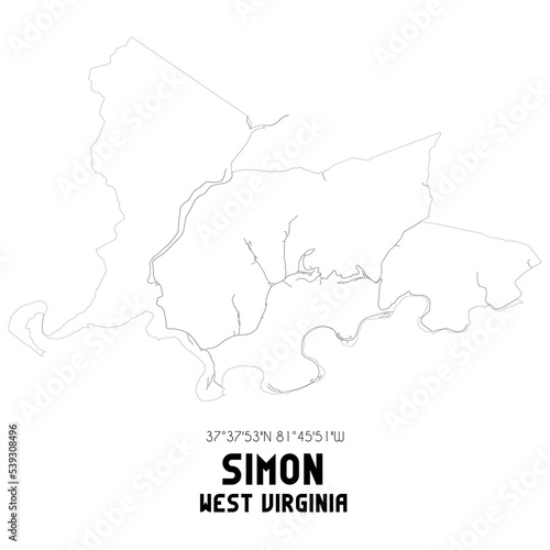 Simon West Virginia. US street map with black and white lines.