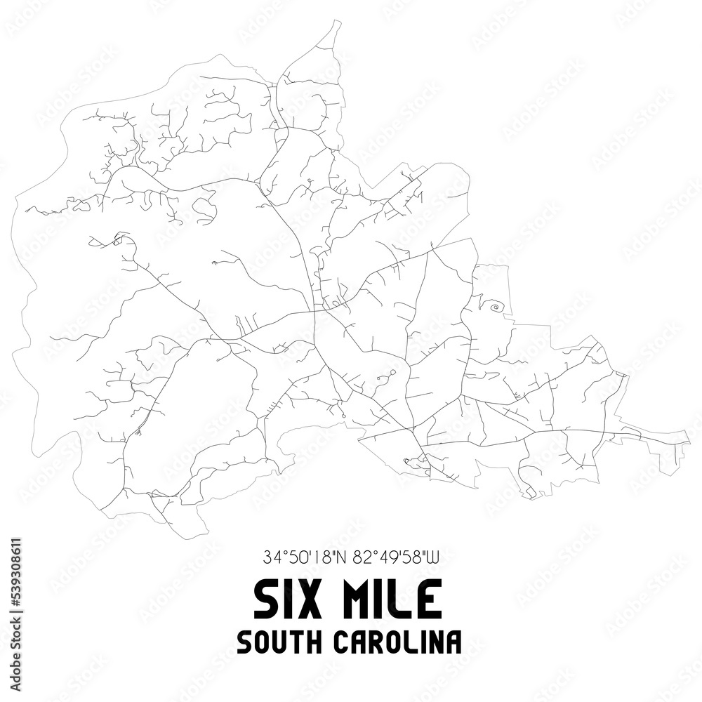 Six Mile South Carolina. US street map with black and white lines.