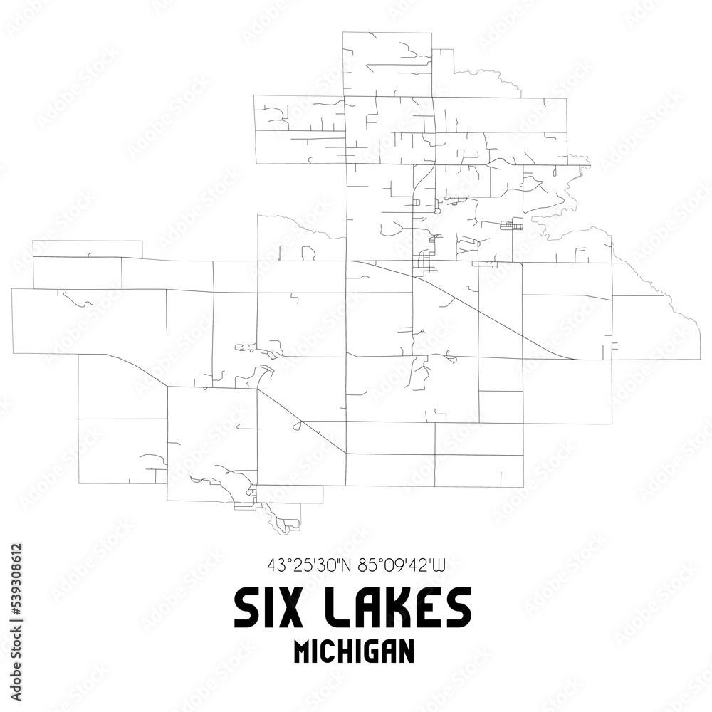 Six Lakes Michigan. US street map with black and white lines.