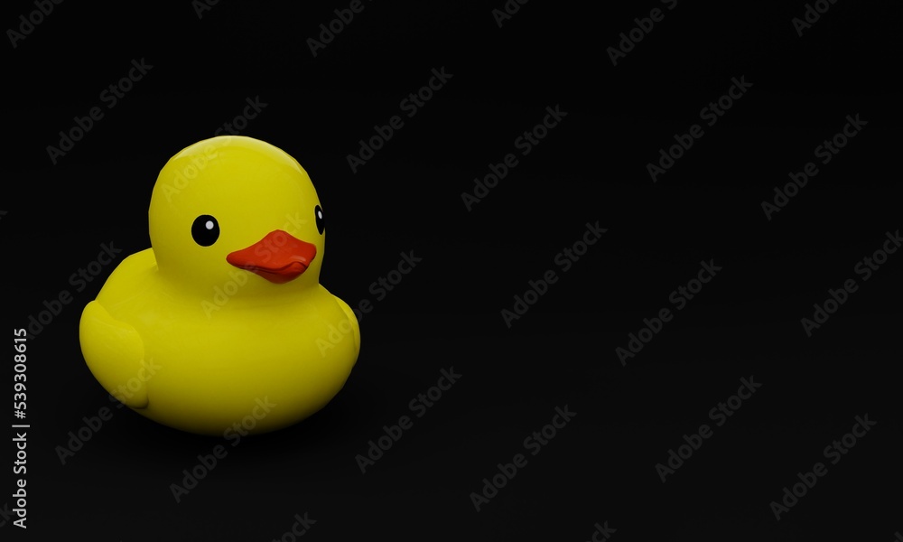 Fototapeta premium a 3d illustration, rubber duck image , black background, copy space ,3d rendering.