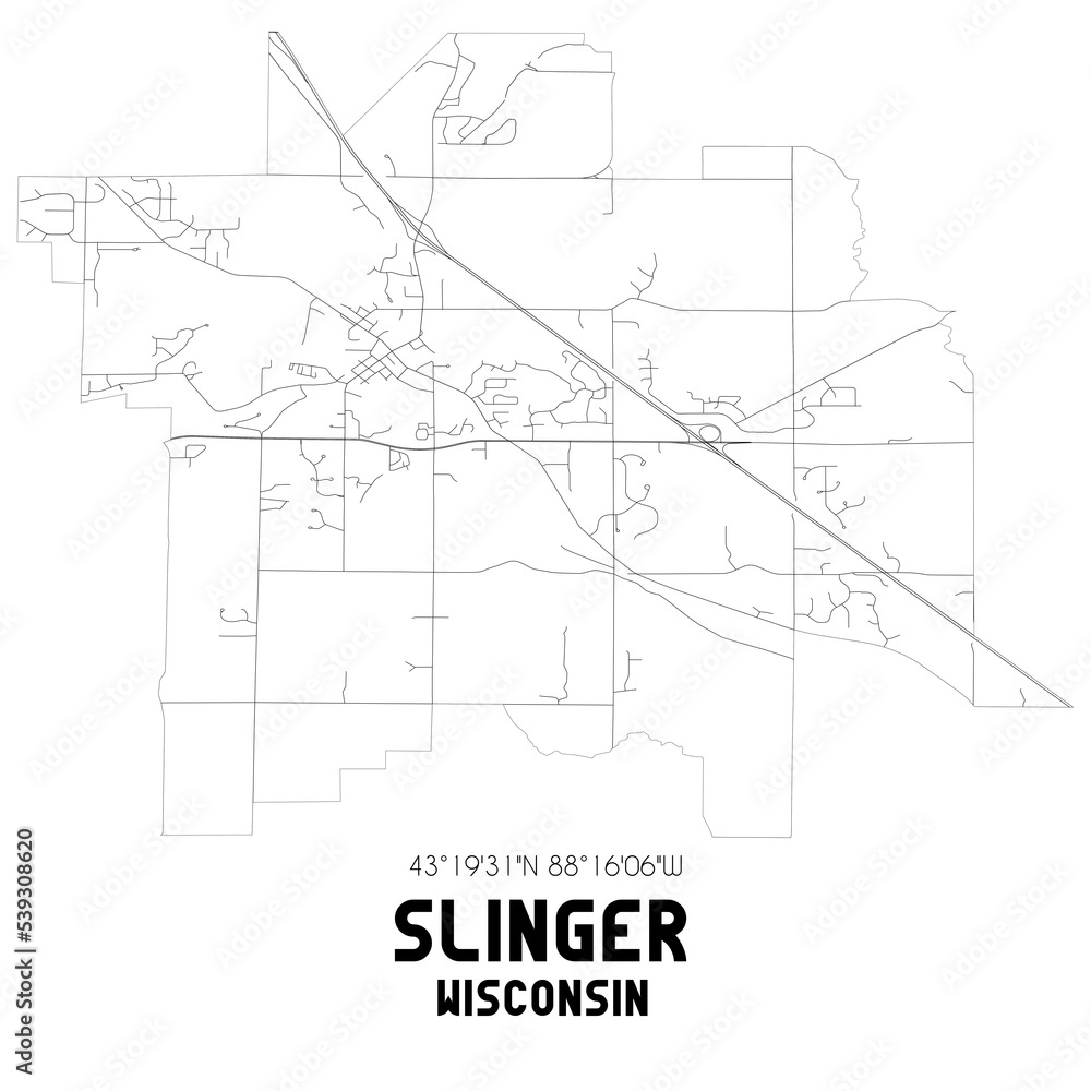 Slinger Wisconsin. US street map with black and white lines.