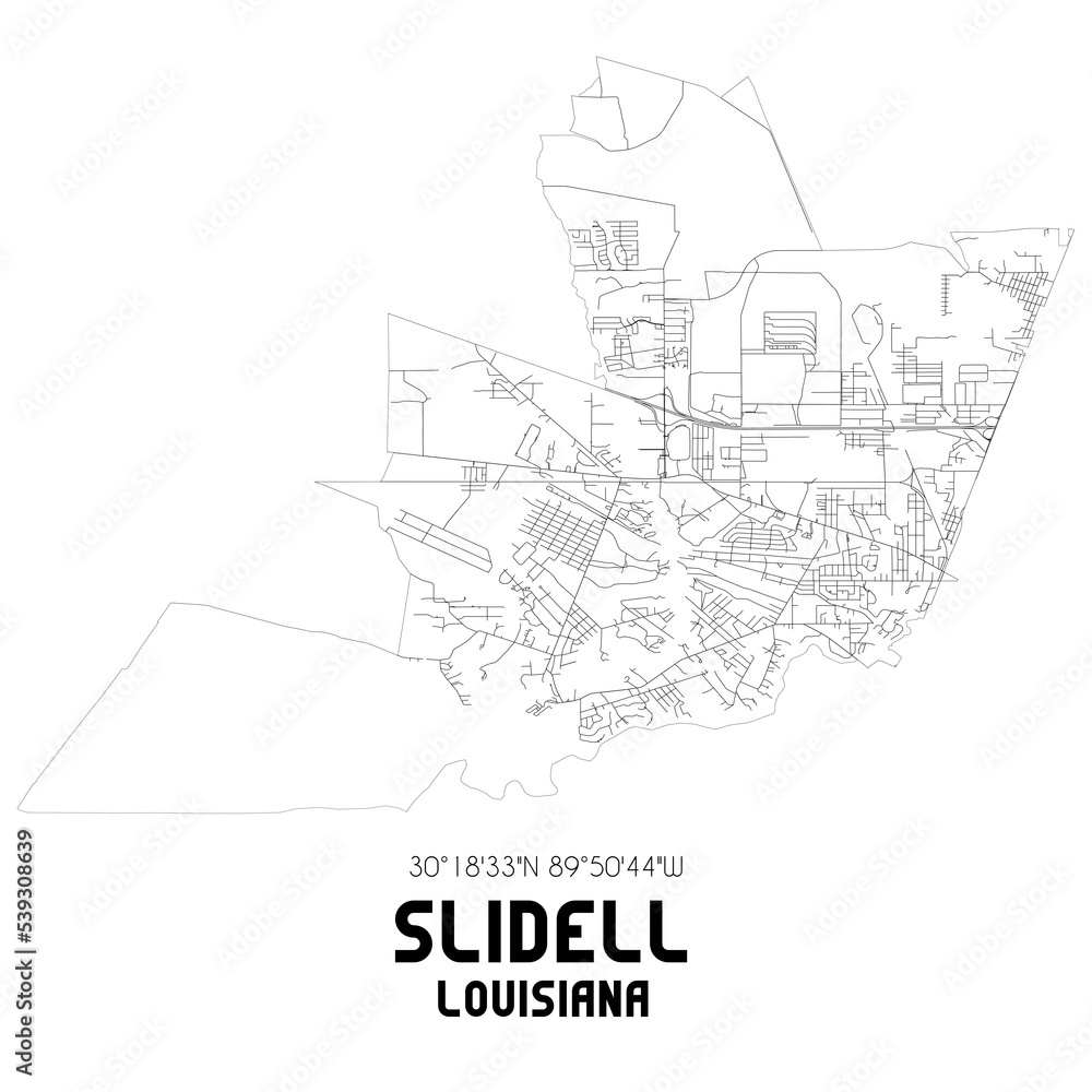 Slidell Louisiana. US street map with black and white lines.