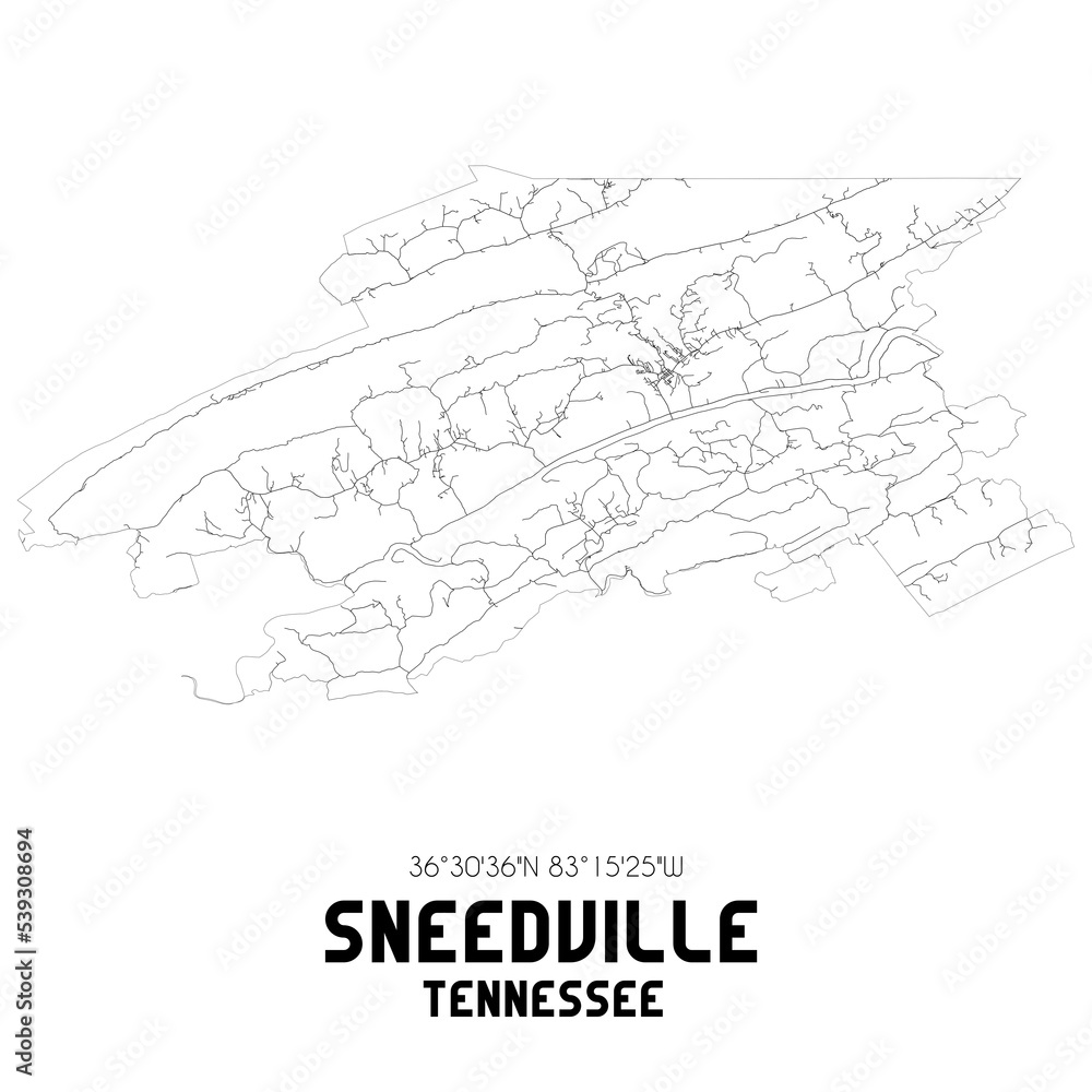 Sneedville Tennessee. US street map with black and white lines.