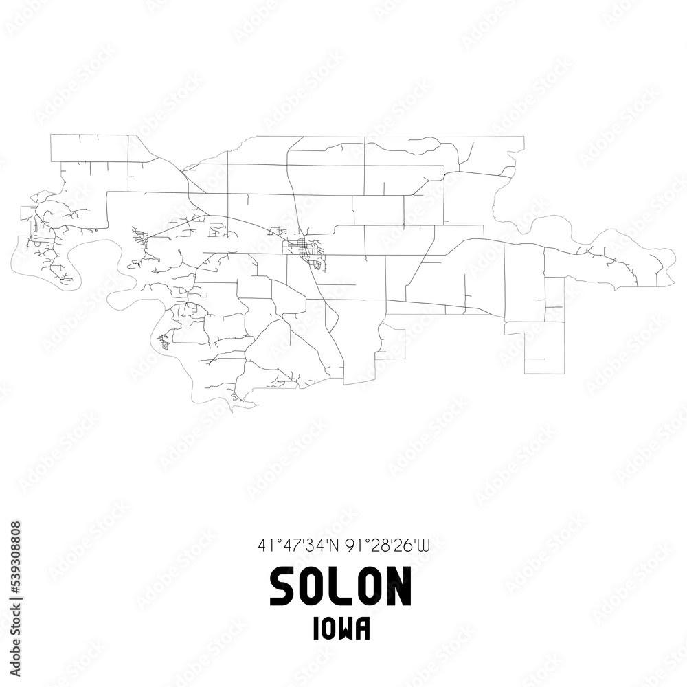 Solon Iowa. US street map with black and white lines.