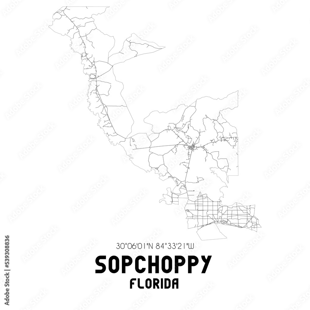 Sopchoppy Florida. US street map with black and white lines. Stock