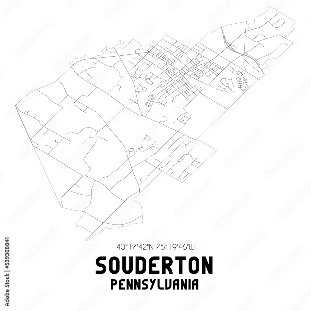 Souderton Pennsylvania. US street map with black and white lines.