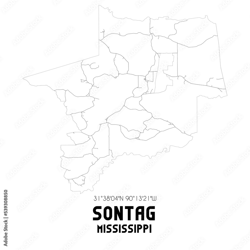 Sontag Mississippi. US street map with black and white lines.