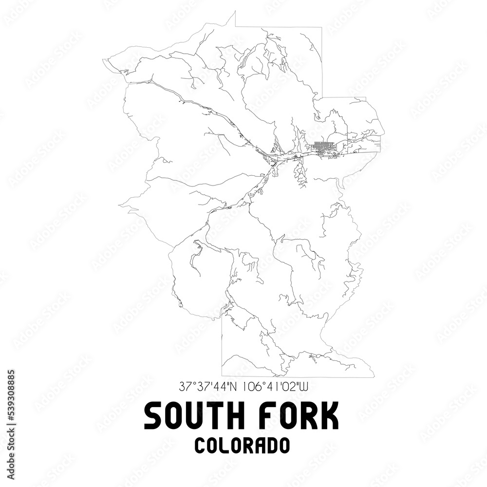 South Fork Colorado. US street map with black and white lines.