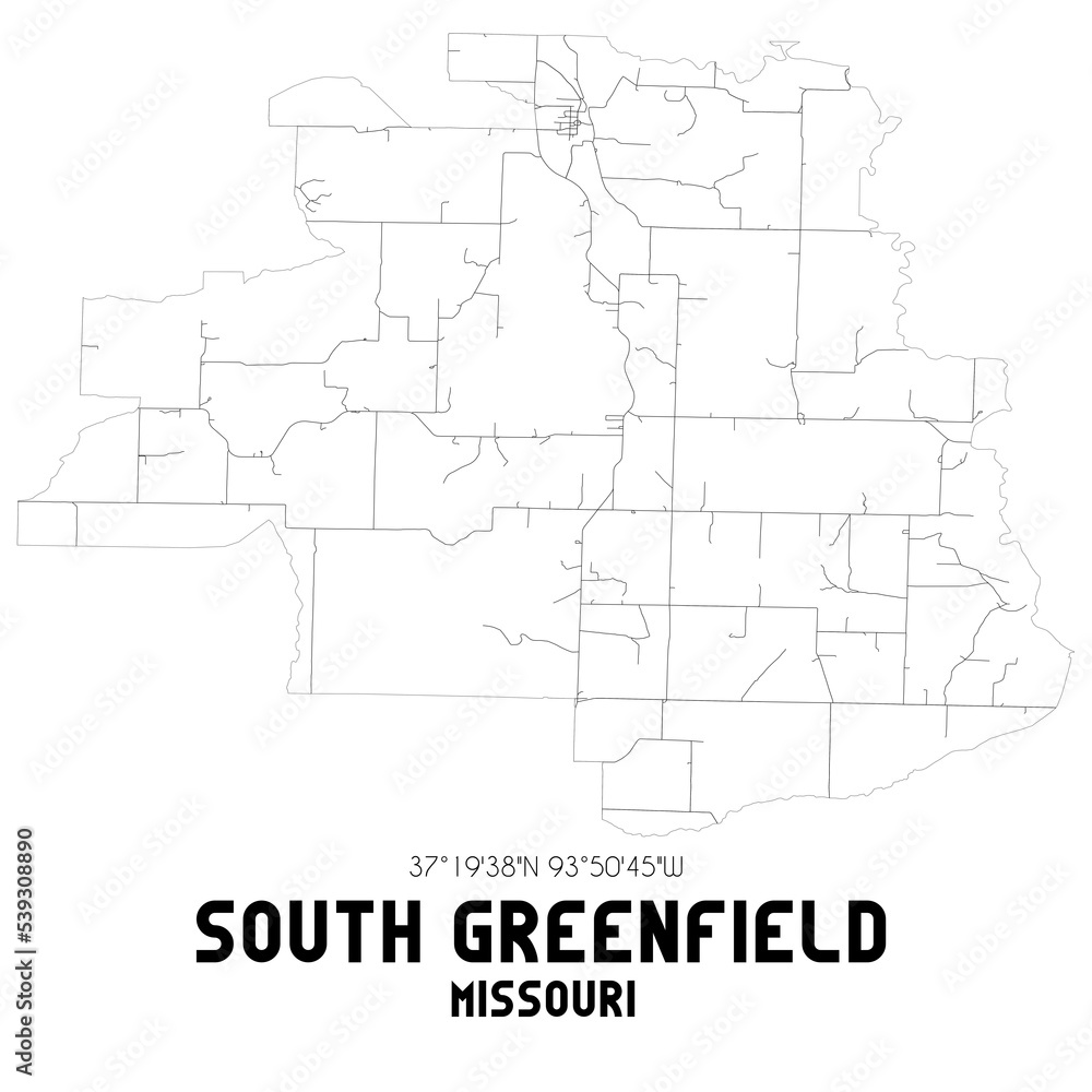 South Greenfield Missouri. US street map with black and white lines.