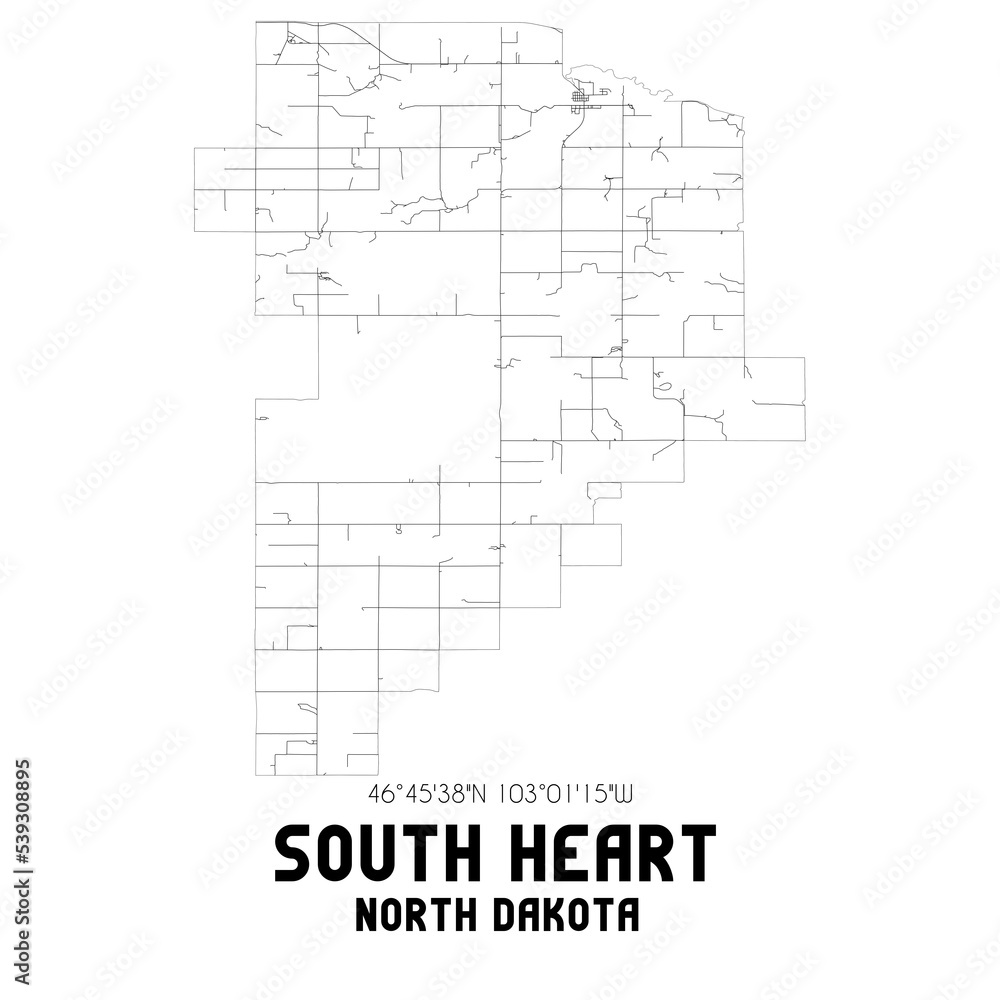 South Heart North Dakota. US street map with black and white lines.