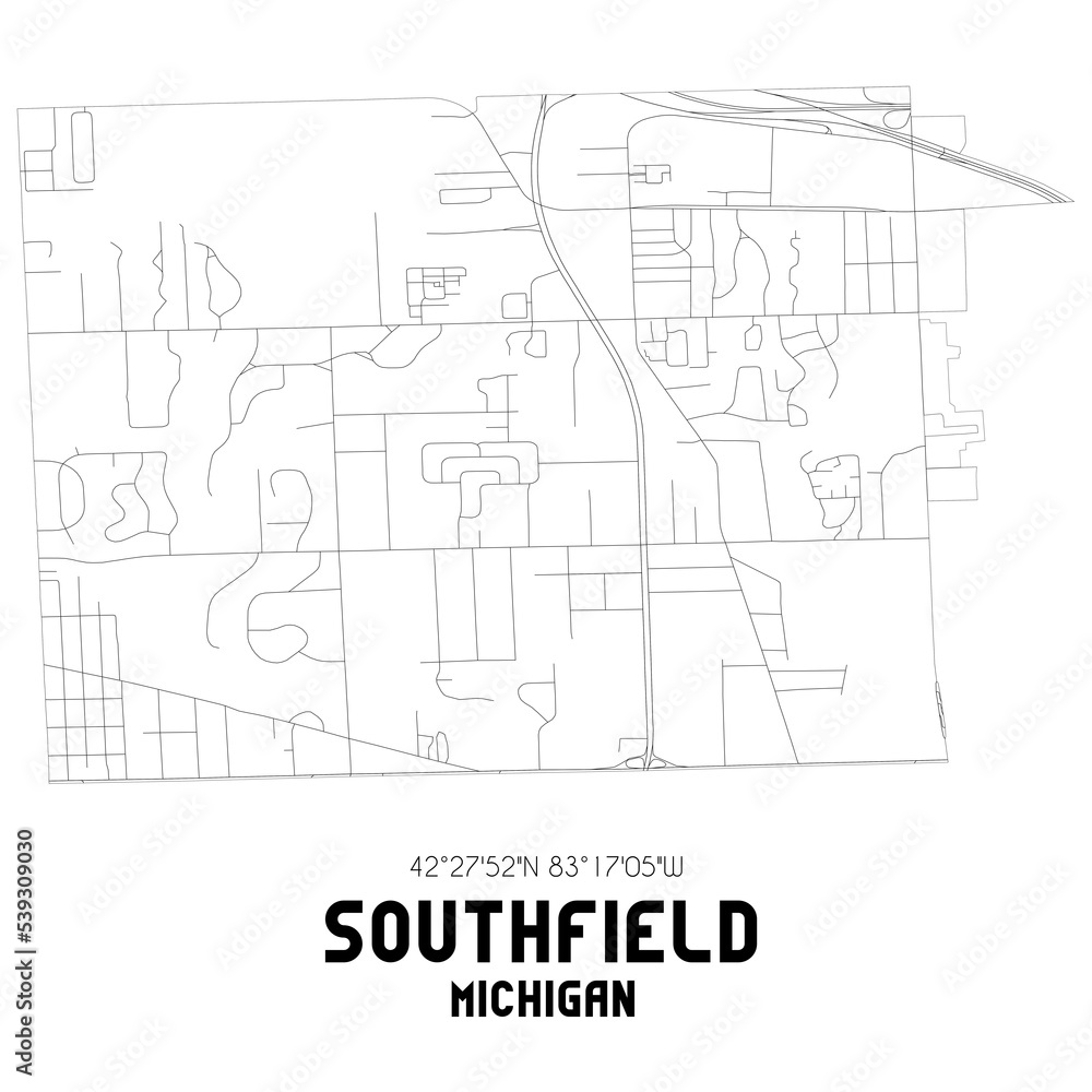 Southfield Michigan. US street map with black and white lines.