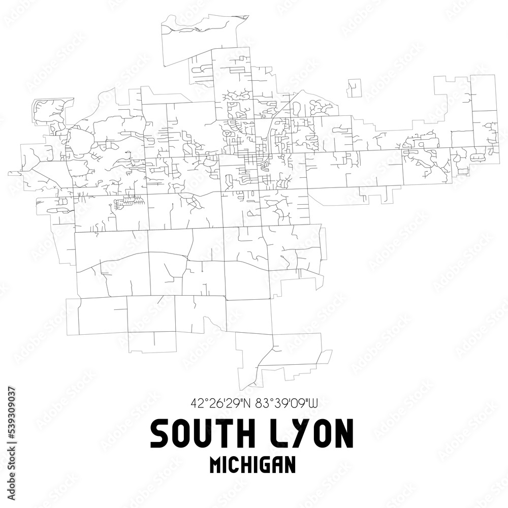 South Lyon Michigan. US street map with black and white lines.