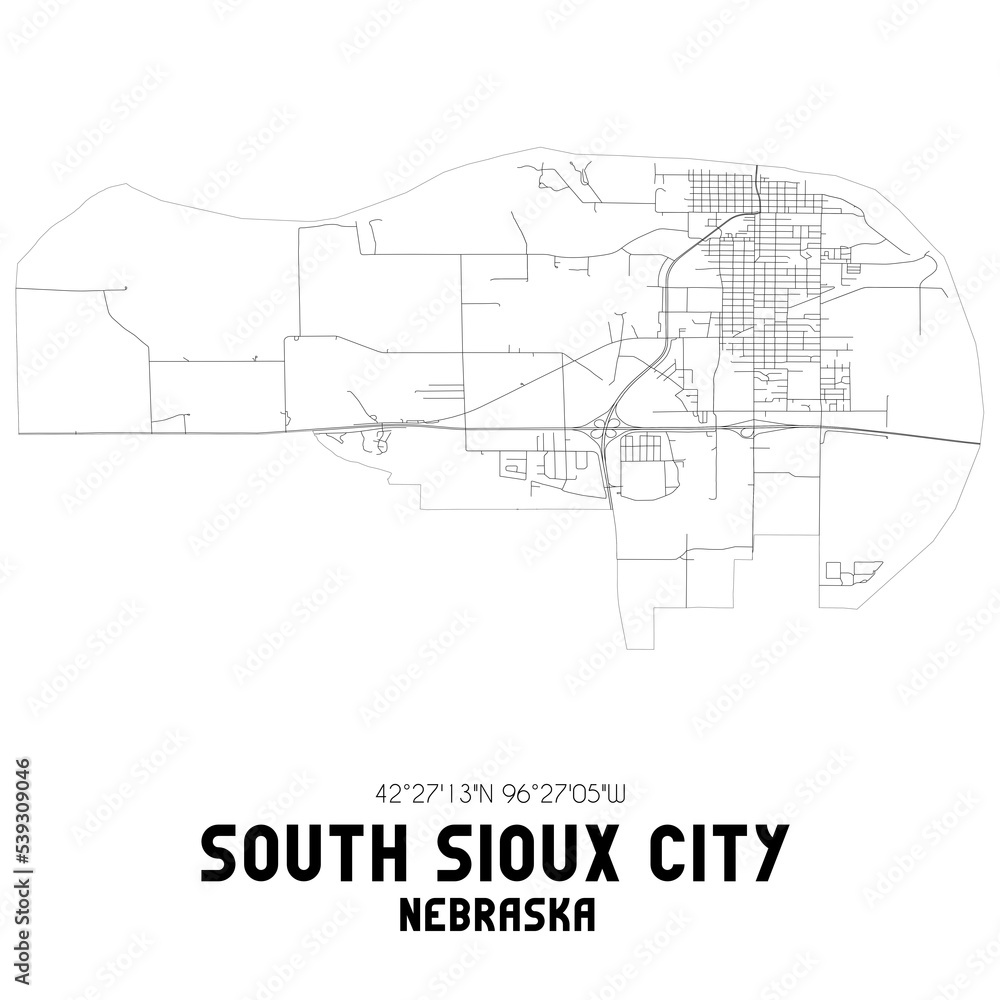 South Sioux City Nebraska. US street map with black and white lines.