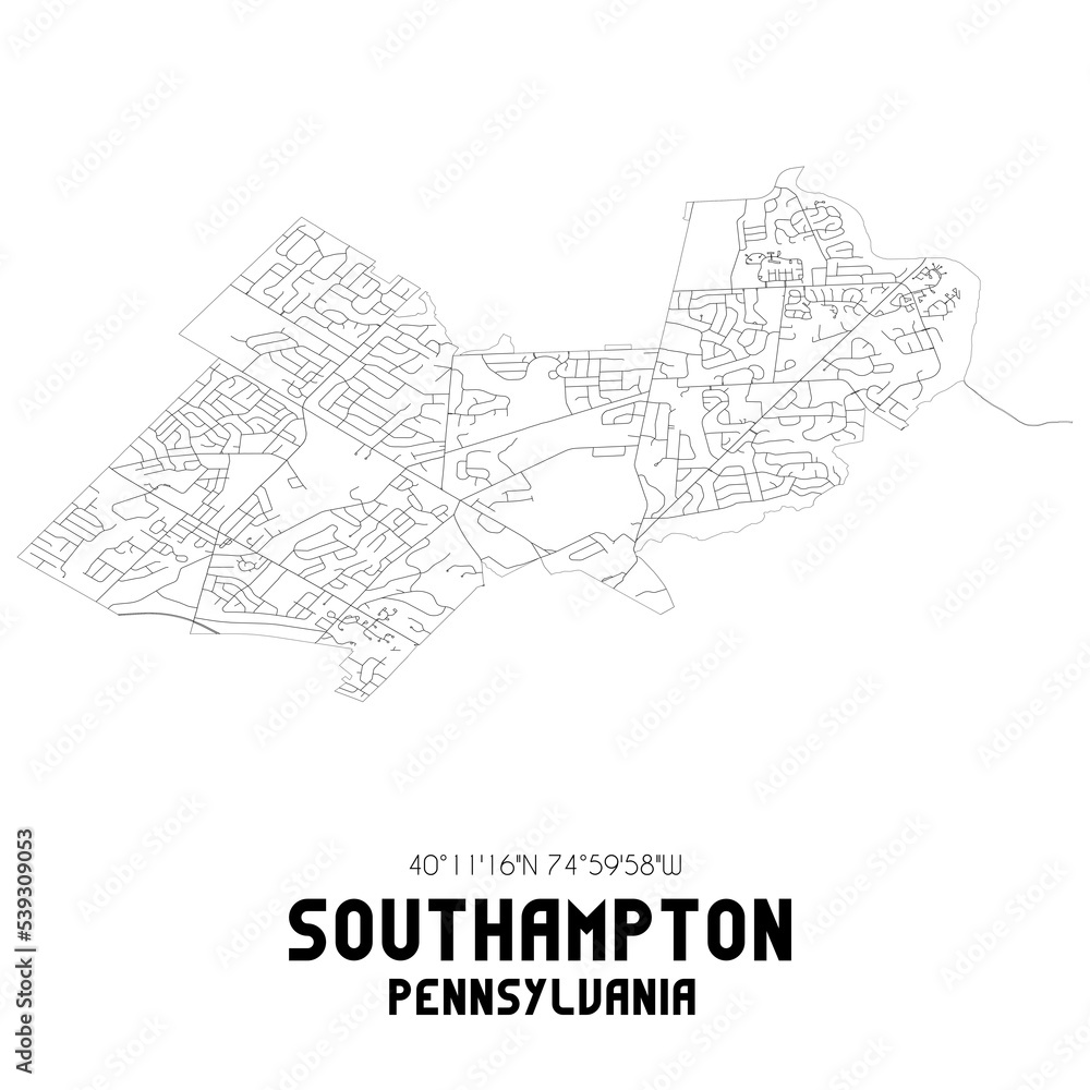 Southampton Pennsylvania. US street map with black and white lines.