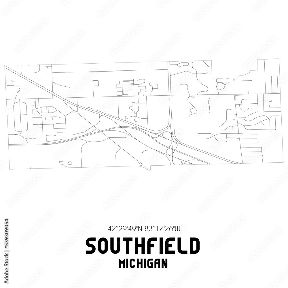 Southfield Michigan. US street map with black and white lines. Stock
