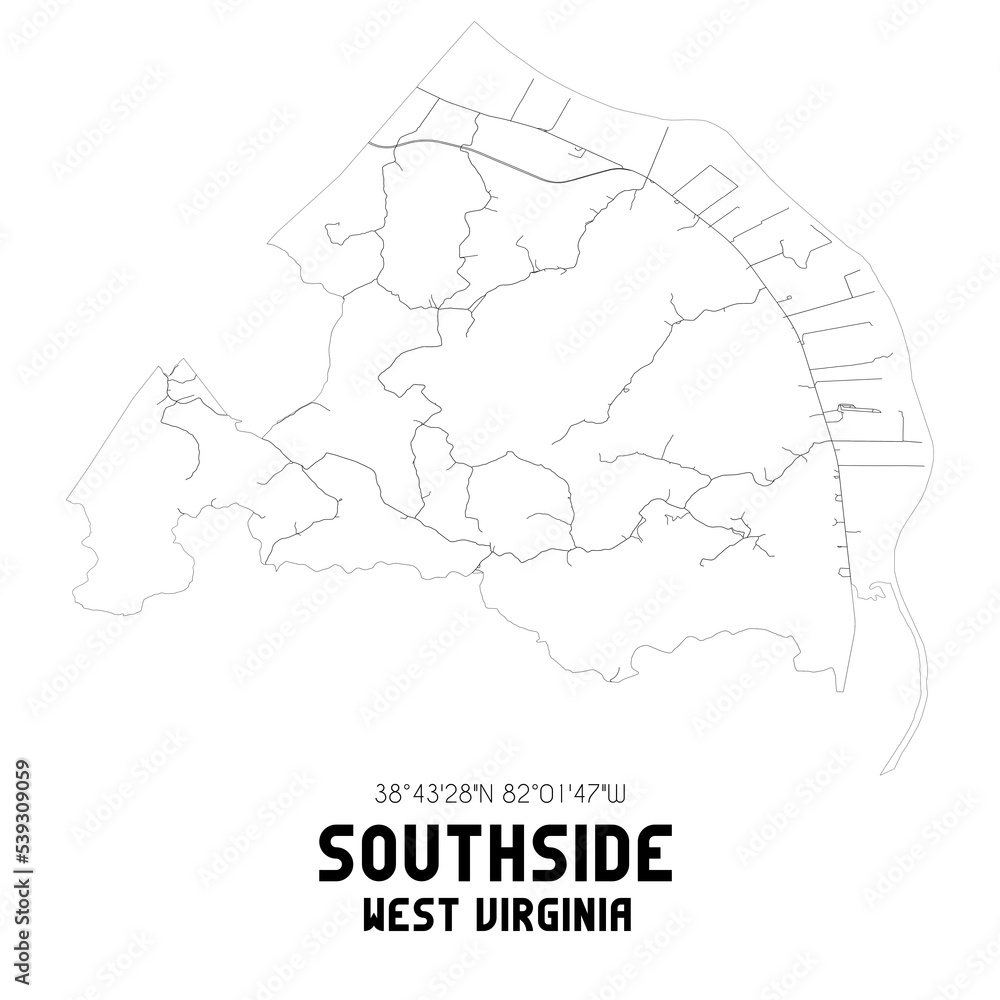 Southside West Virginia. US street map with black and white lines.