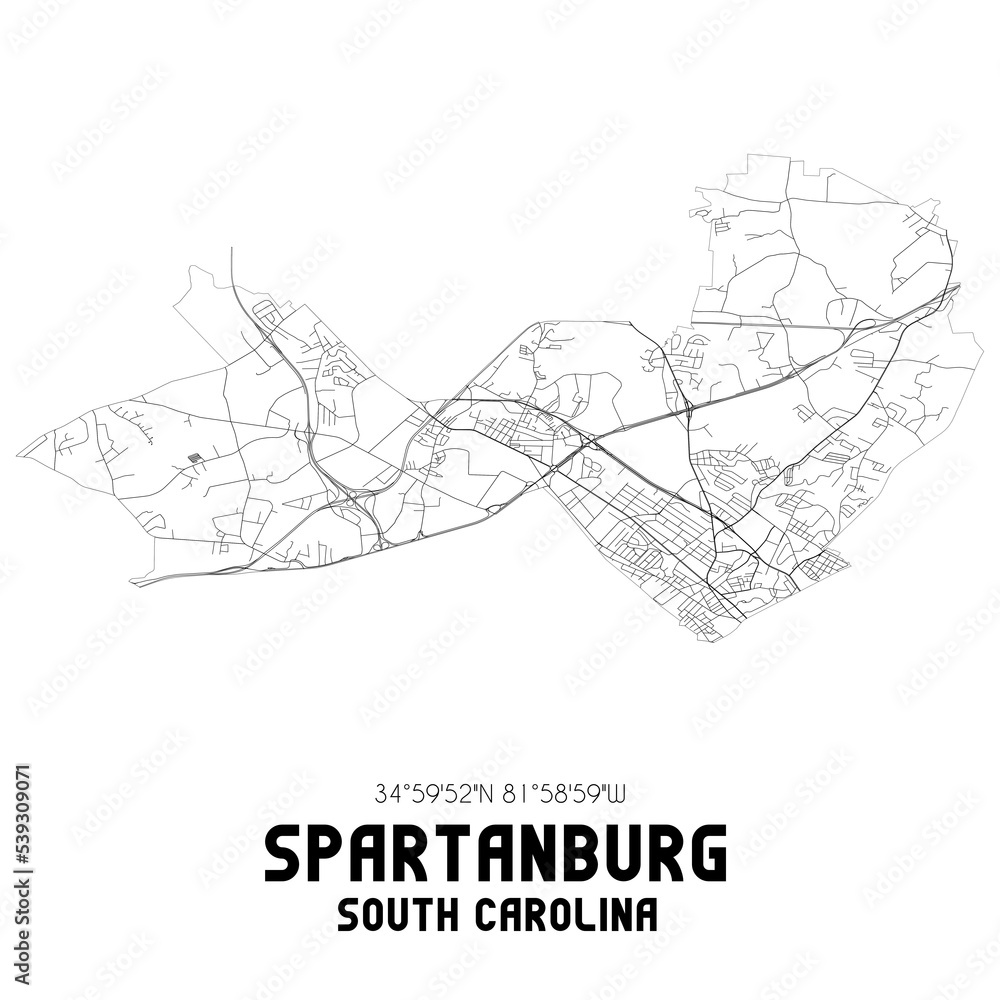 Spartanburg South Carolina. US street map with black and white lines.