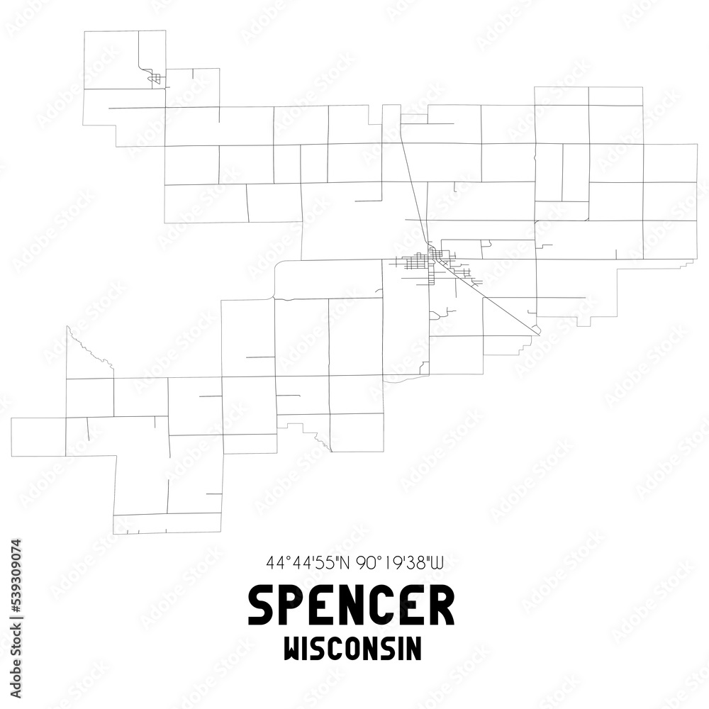 Spencer Wisconsin. US street map with black and white lines.