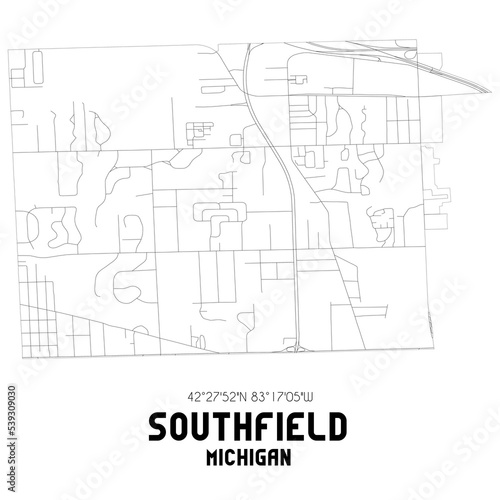 Southfield Michigan. US street map with black and white lines.