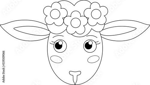 Cute muzzle of a cartoon sheep with a wreath - a vector linear picture for coloring. Outline. Sheep head, lamb cute animal with a wreath for children's coloring