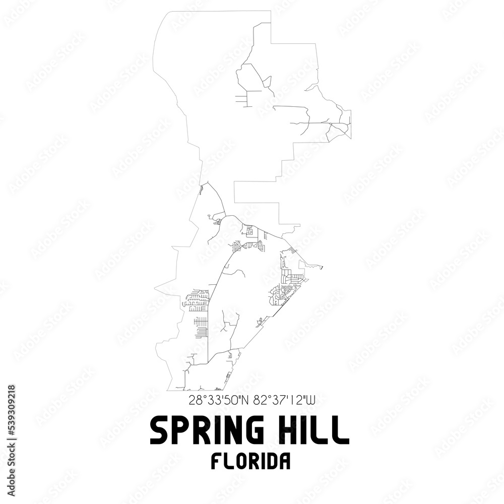 Spring Hill Florida. US street map with black and white lines.