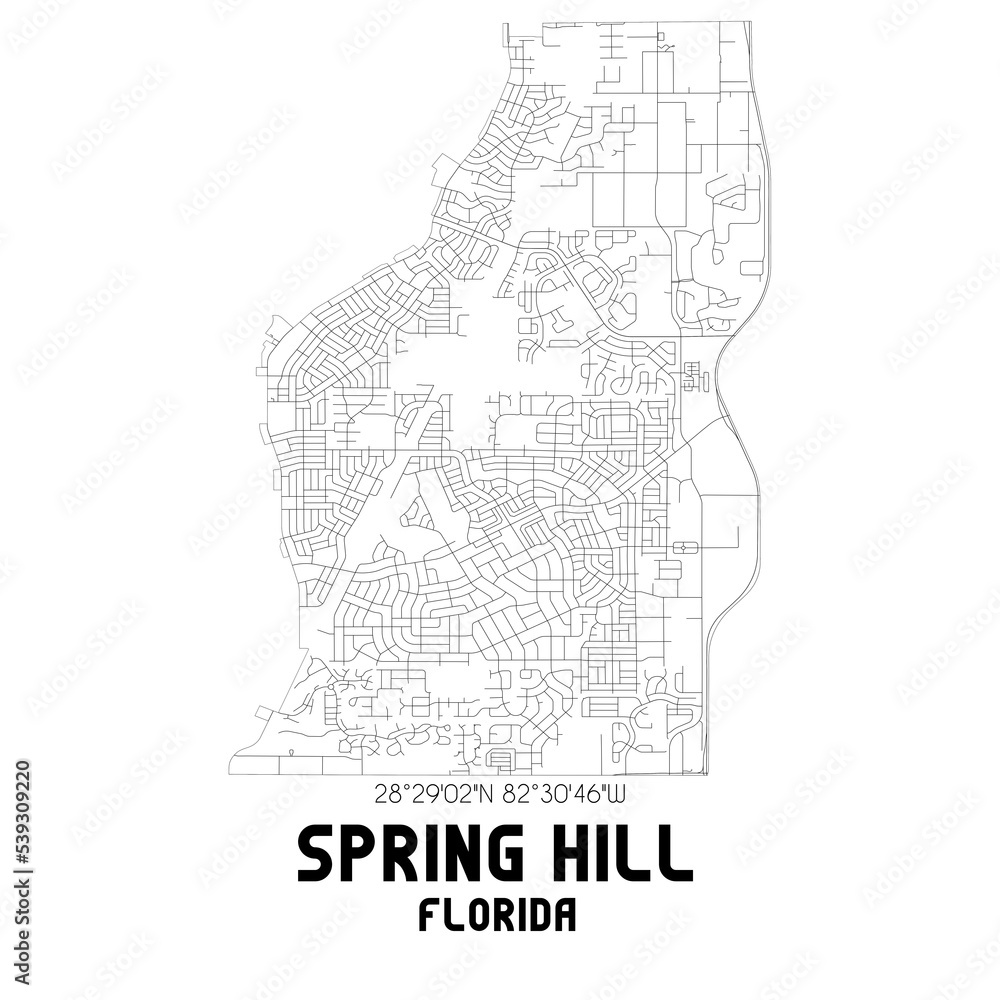 Spring Hill Florida. US street map with black and white lines.