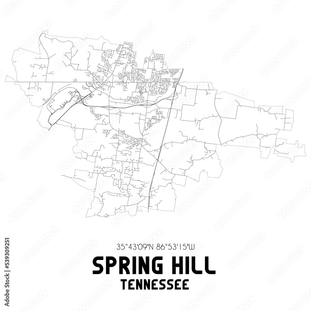 Spring Hill Tennessee. US street map with black and white lines.