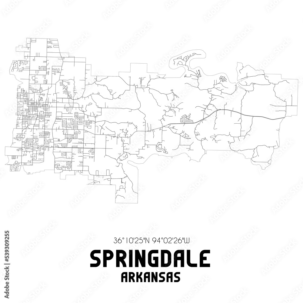 Springdale Arkansas. US street map with black and white lines.