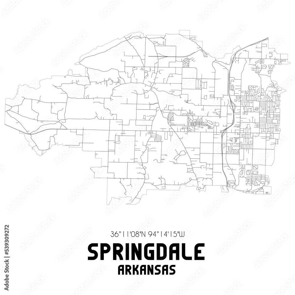Springdale Arkansas. US street map with black and white lines.