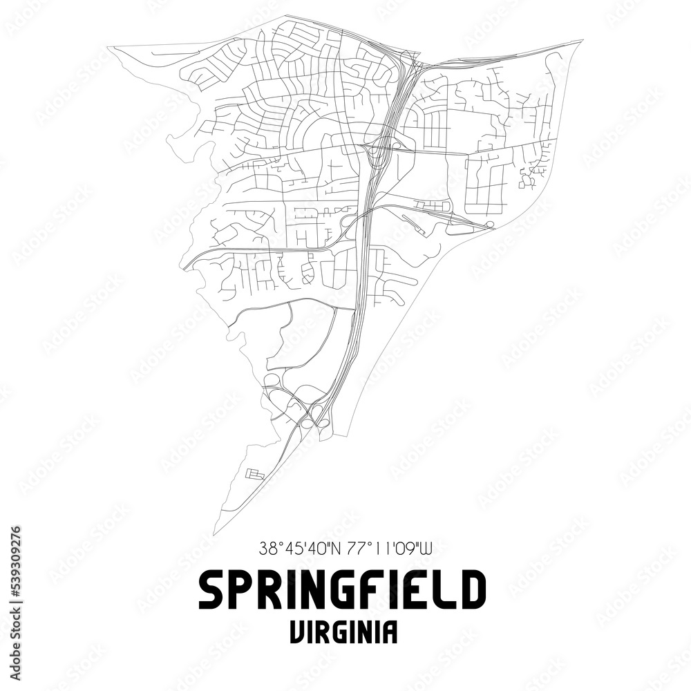 Springfield Virginia. US street map with black and white lines.