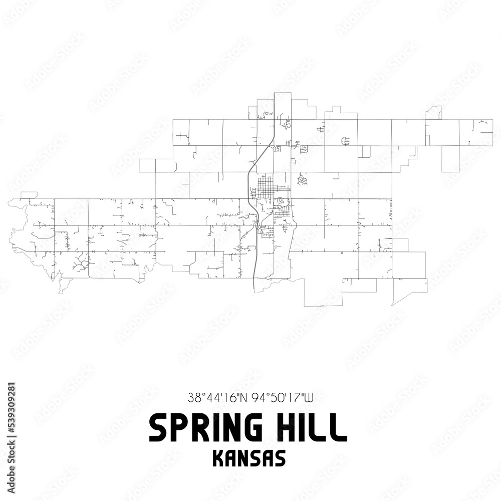 Spring Hill Kansas. US street map with black and white lines.