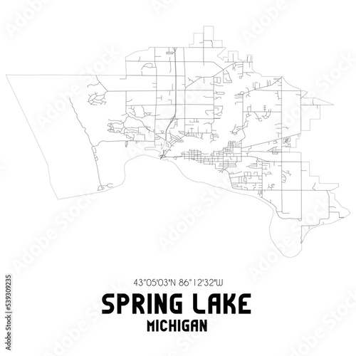 Spring Lake Michigan. US street map with black and white lines.