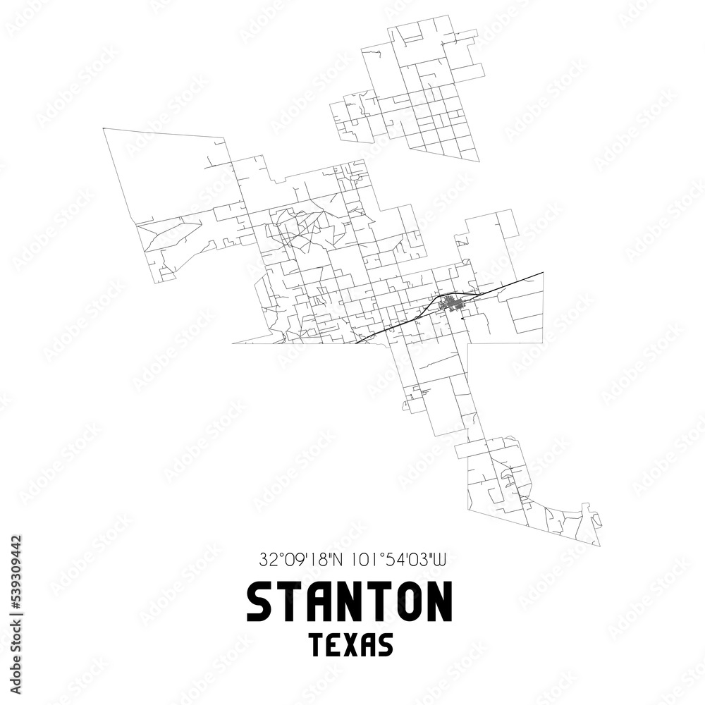 Stanton Texas. US street map with black and white lines.
