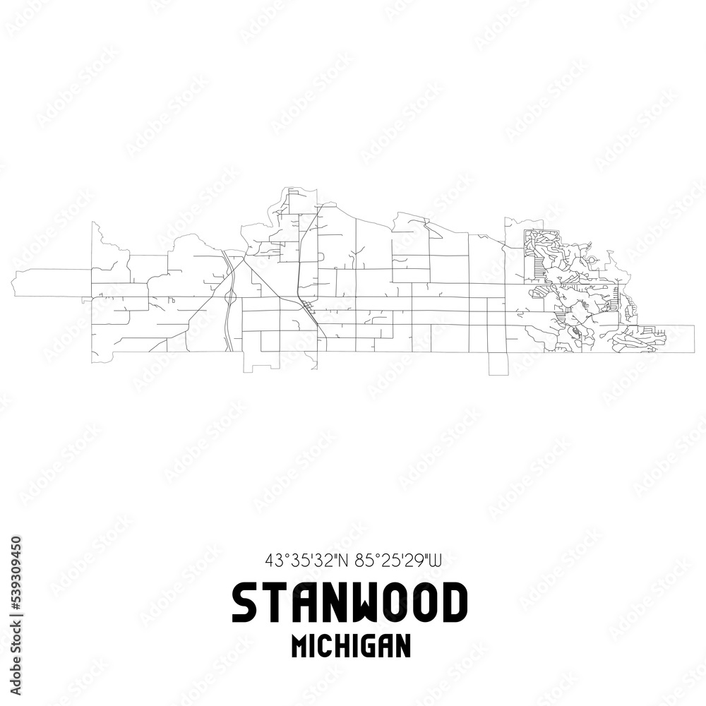 Stanwood Michigan. US street map with black and white lines.