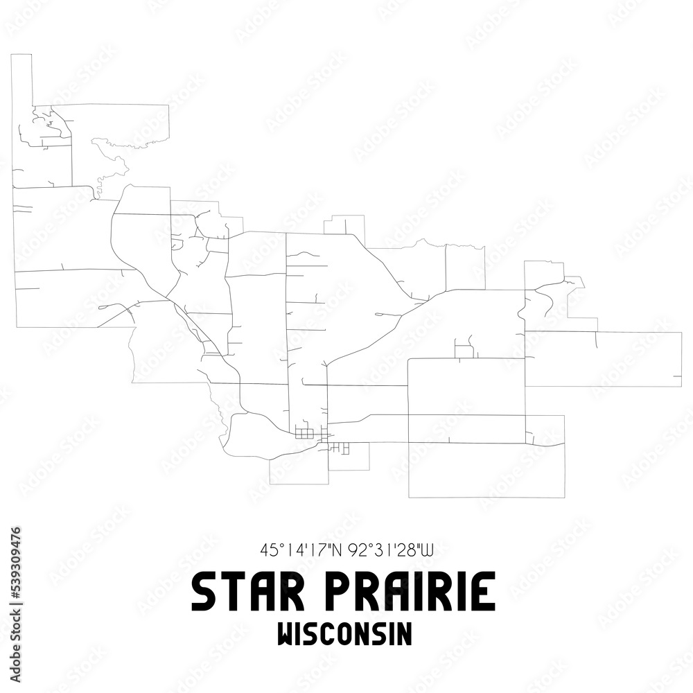 Star Prairie Wisconsin. US street map with black and white lines.