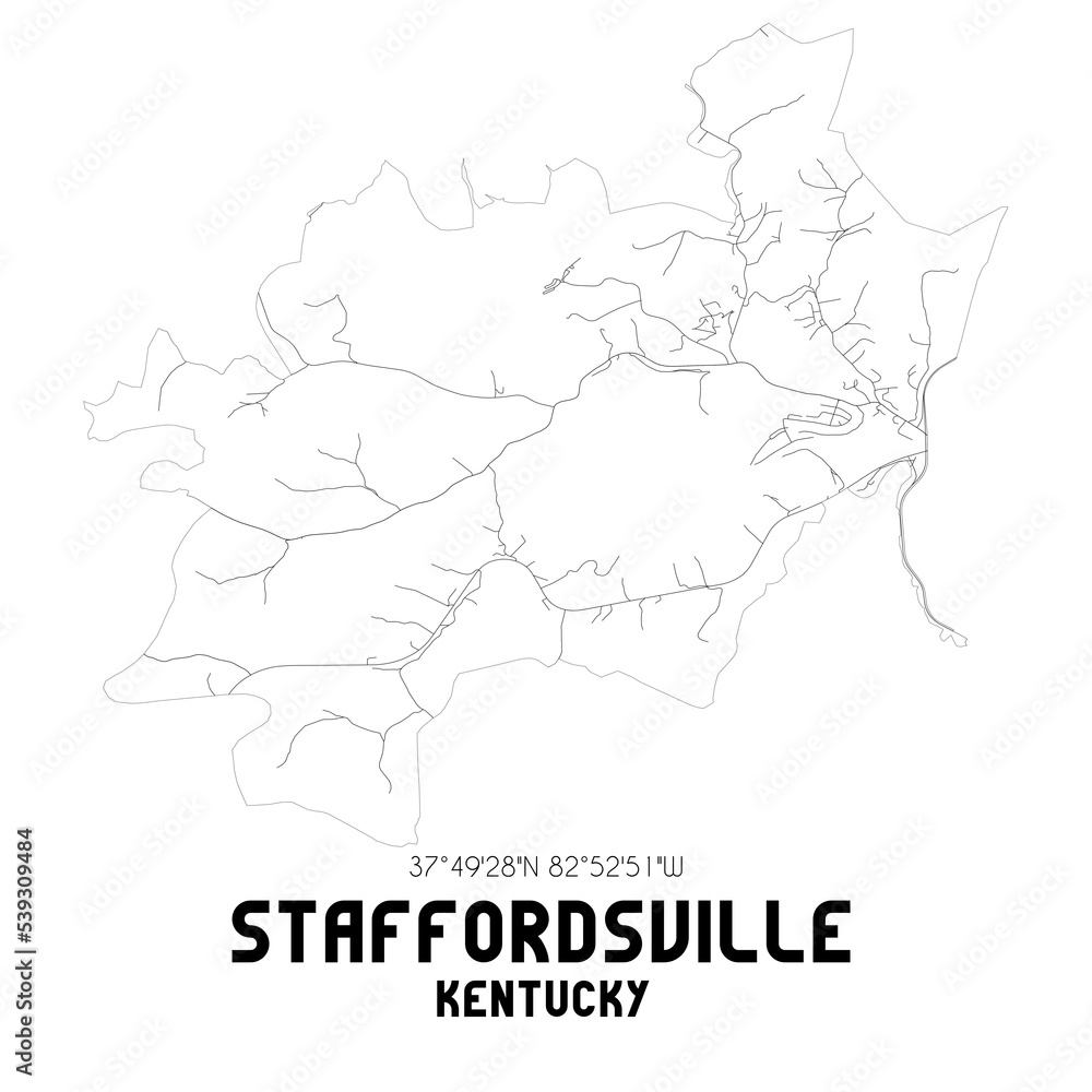Staffordsville Kentucky. US street map with black and white lines.
