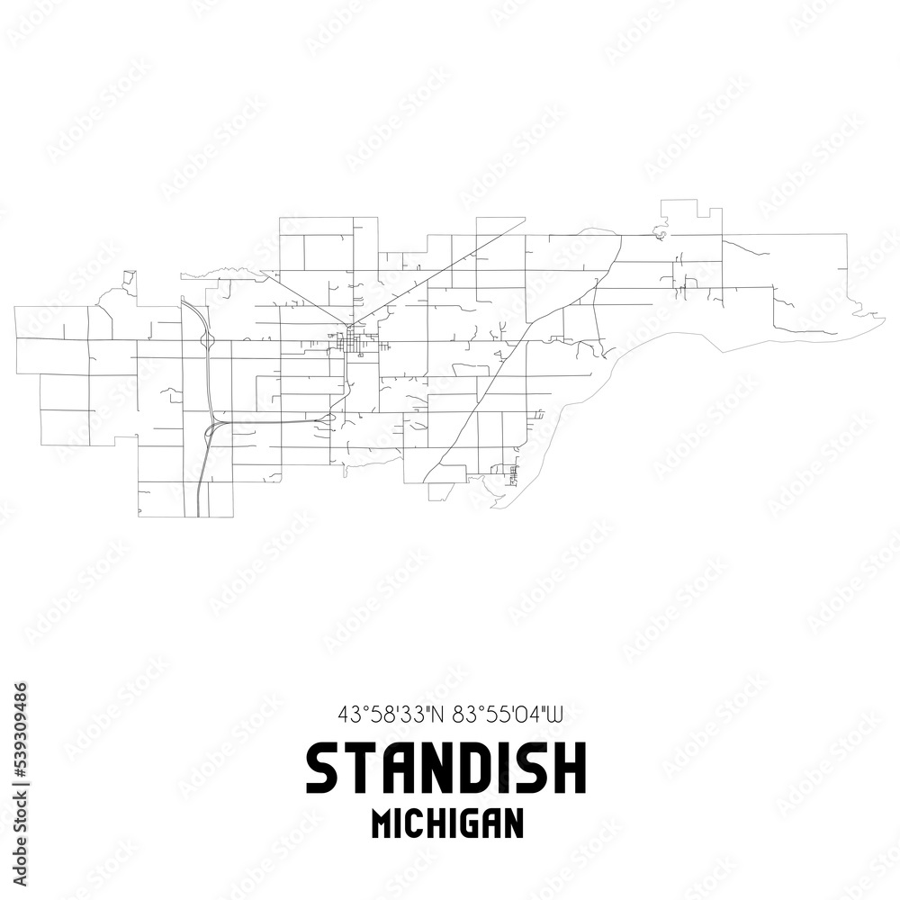 Standish Michigan. US street map with black and white lines. Standish Michigan. US street map with black and white lines.